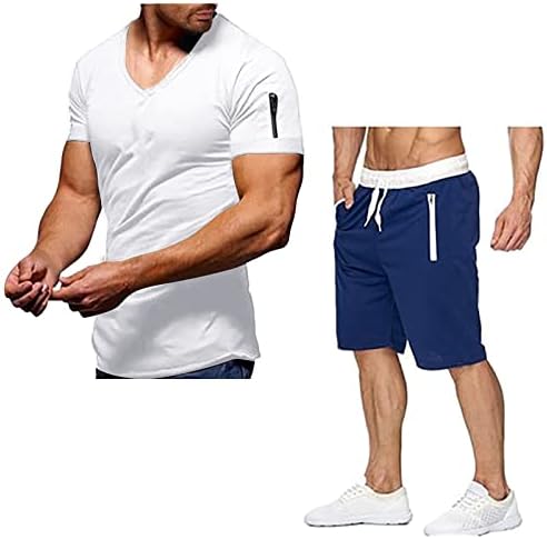 BMISEGM Mens Mens חליפות צוואר ספורט רוכסן קצר עם חליפה גדולה קיץ גברים V מכנסי שרוול מכנסיים גברים