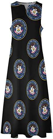 יוטה מדינת דגל נשים של מקסי קרסול שמלה ארוך שרוולים שמלה עם כיסים