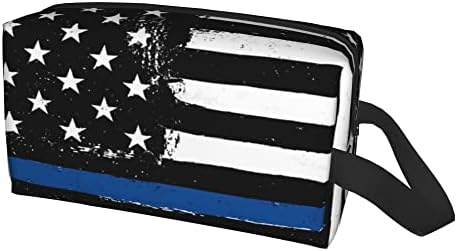 Impcokru תיקי איפור גדולים לנשים תיק קוסמטיקה אטום למים, דגל שחור עם קו כחול משטרה, תיק איפור צד כפול