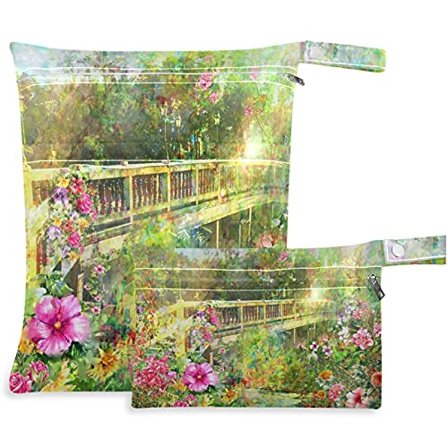 שמש מופשט אביב פרחים בשלל צבעים ליד תעלת גשר 2 יחידות רטוב תיק עם כיסי רוכסן רחיץ לשימוש חוזר מרווח