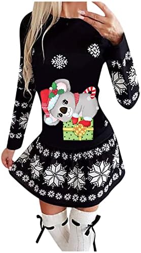 נשים חג המולד חולצה שמלות קריקטורה הדפסת גרפי קצר שמלה לפרוע מכפלת ארוך שרוול צווארון עגול מזדמן סוודר
